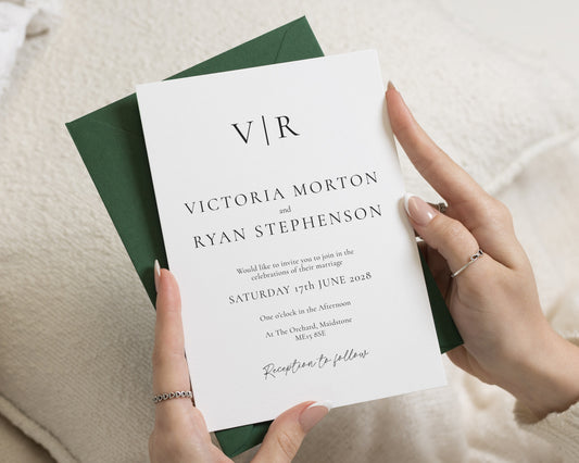Forest Green Wedding Invitations, Minimalist Monogram Wedding Invite, Elegant Typography Invitation Suite, Personalised Wedding Stationery