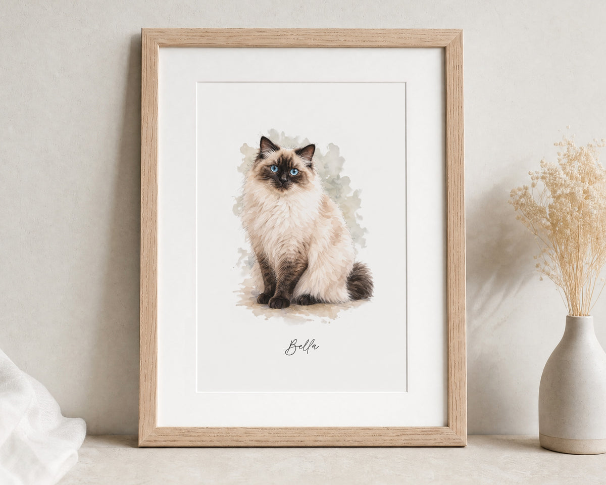 Personalised Cat Name Print, Watercolour Cat Wall Art, Cat Lover Gift, Pet Owner Gift, Portrait Pet Print, Oak Framed Print