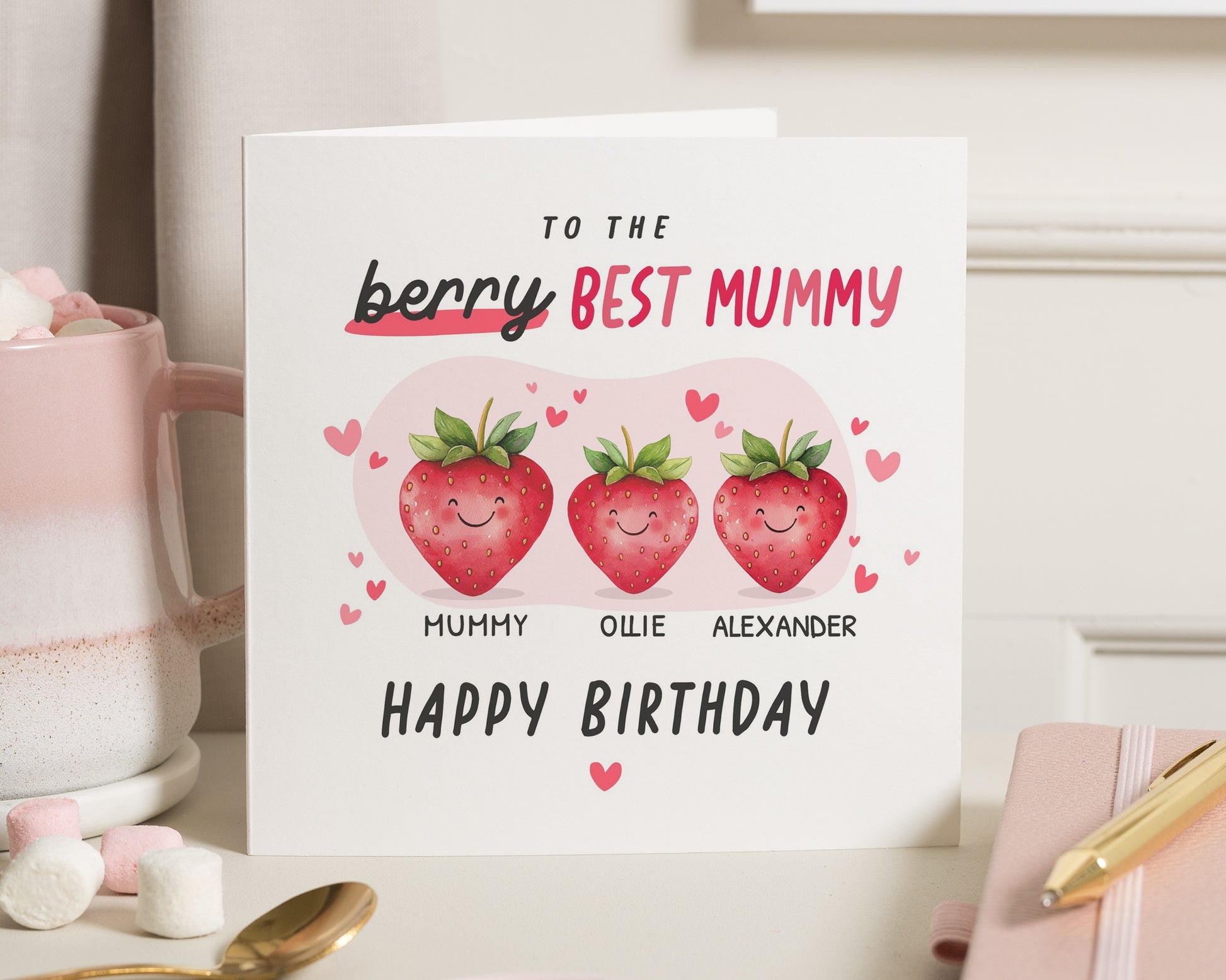 Birthday Card for Mum, Personalised Birthday Card for Mummy, Cute Strawberry Birthday Card, Birthday Card from Kids, Card for Her