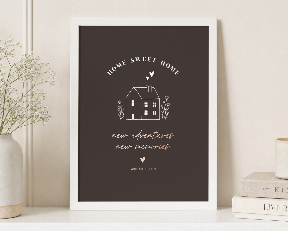 Personalised New Home Print, Rose Gold Foil Wall Art, Chocolate Brown House Warming Gift, First Home Gift for Couple