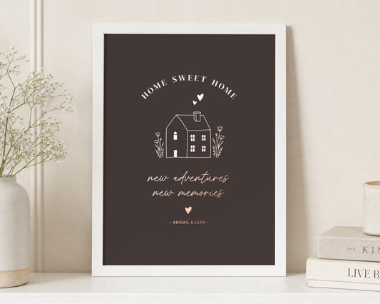 Personalised New Home Print, Rose Gold Foil Wall Art, Chocolate Brown House Warming Gift, First Home Gift for Couple