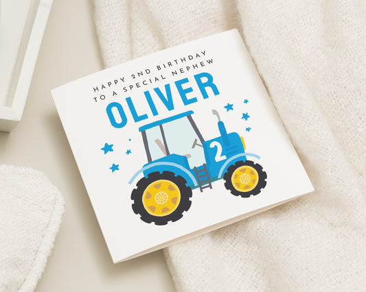 2nd Birthday Card for Nephew, Personalised Tractor Birthday Card, Birthday Card for Boy, Custom Name Birthday Card, Second Birthday Card