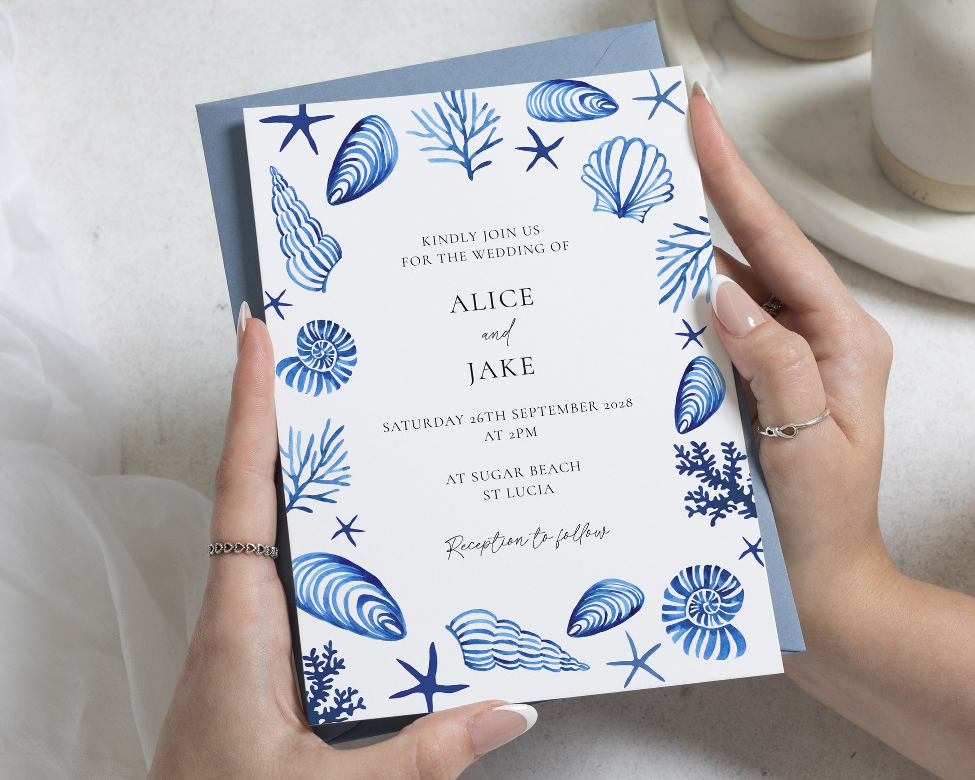 Blue Seashell Wedding Invitations, Beach Destination Wedding Invites, Coastal Watercolour Wedding Stationery, Personalised Invitation Suite