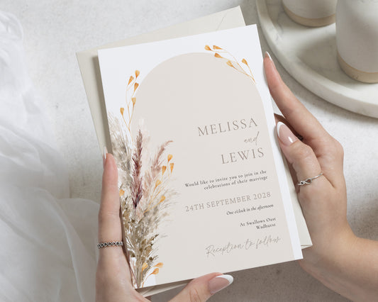 Neutral Boho Wedding Invitations, Pampas Grass Wedding Invite, Rustic Dried Floral Wedding Stationery, Personalised Invite Suite