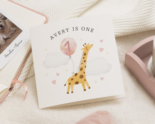 1st Birthday Card for Girl, Personalised Giraffe Card, Cute Animal Birthday, Birthday Card for Daughter, First Birthday Card