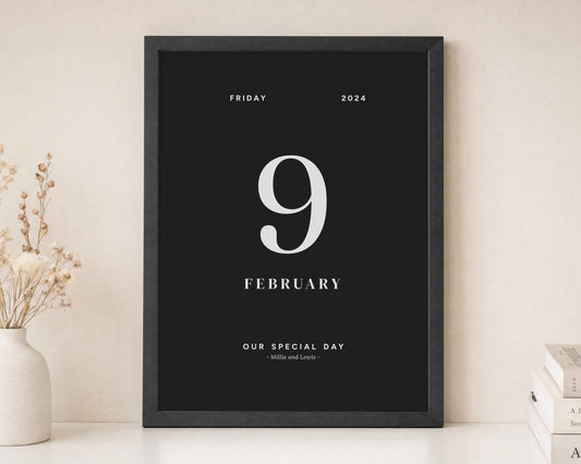 Personalised Date Print, Black Wall Art, Custom Special Day Print, Wedding Gift, Anniversary Gift, Gift for Couple, Bedroom Art