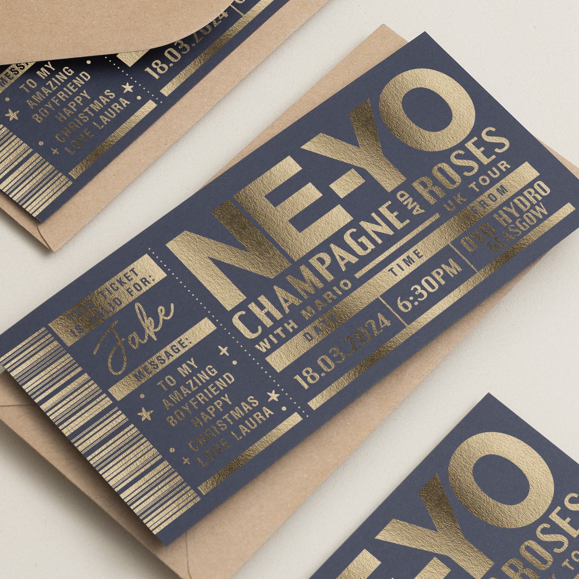 Personalised Gold Foil Gift Voucher, Ne-Yo Gig Concert Ticket Gift Voucher, Scratch Reveal Gift, Scratch To Reveal, Gig Ticket