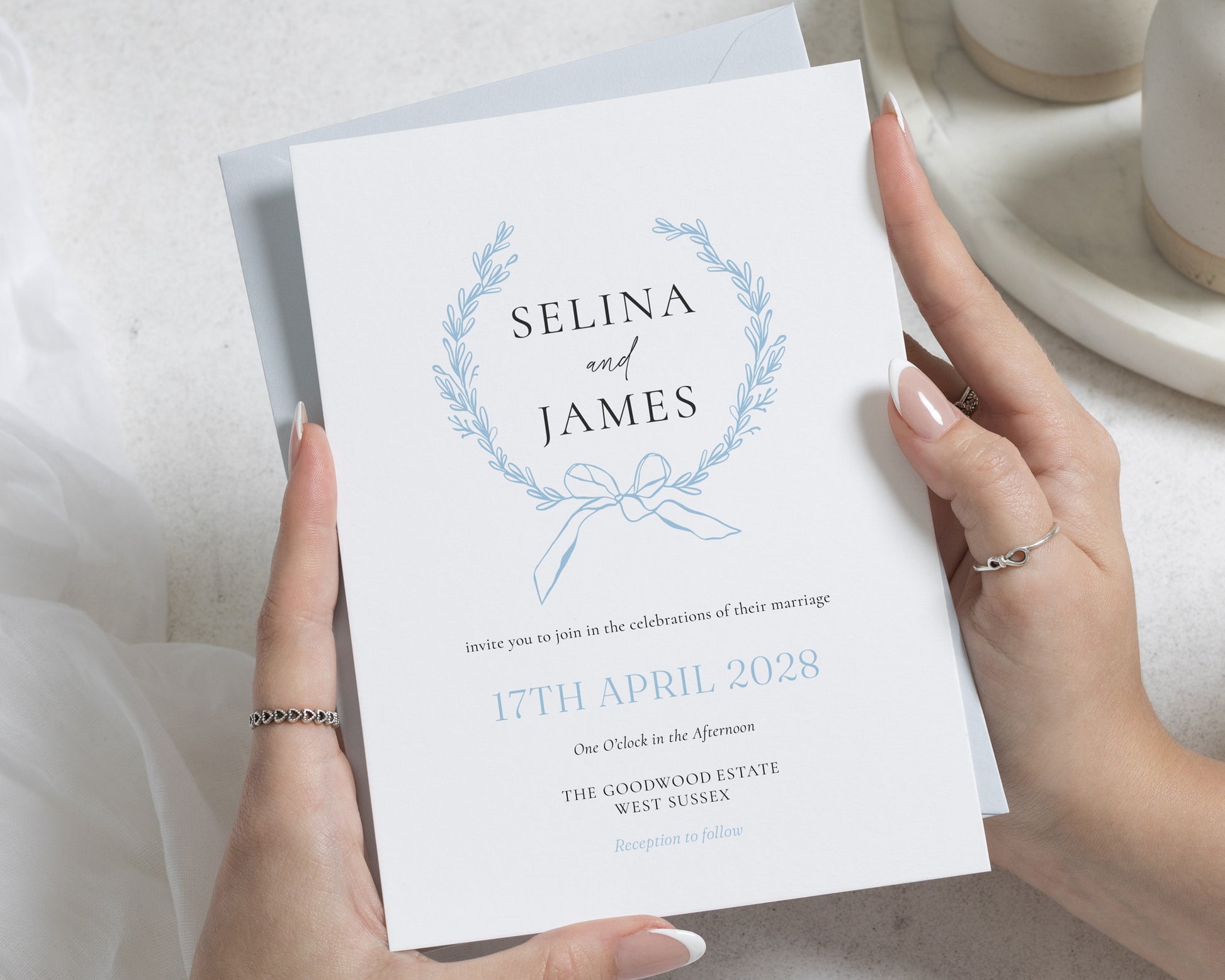 Dusty Blue Wedding Invitations, Elegant Botanical Wedding Invite, Personalised Wedding Invitation Suite, Classic Wreath Stationery