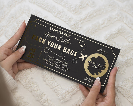 Personalised Scratch Off Holiday Reveal, Boarding Pass Gift Voucher, Anniversary Travel Gift, Pack Your Bags Surprise Trip