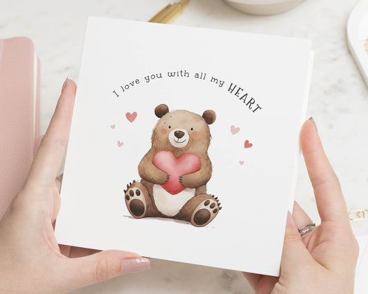 Bear Card, I Love You Card, Cute Anniversary Card, Valentines Day Card, Romantic Card for Her, Romantic Card for Him, Heart Card