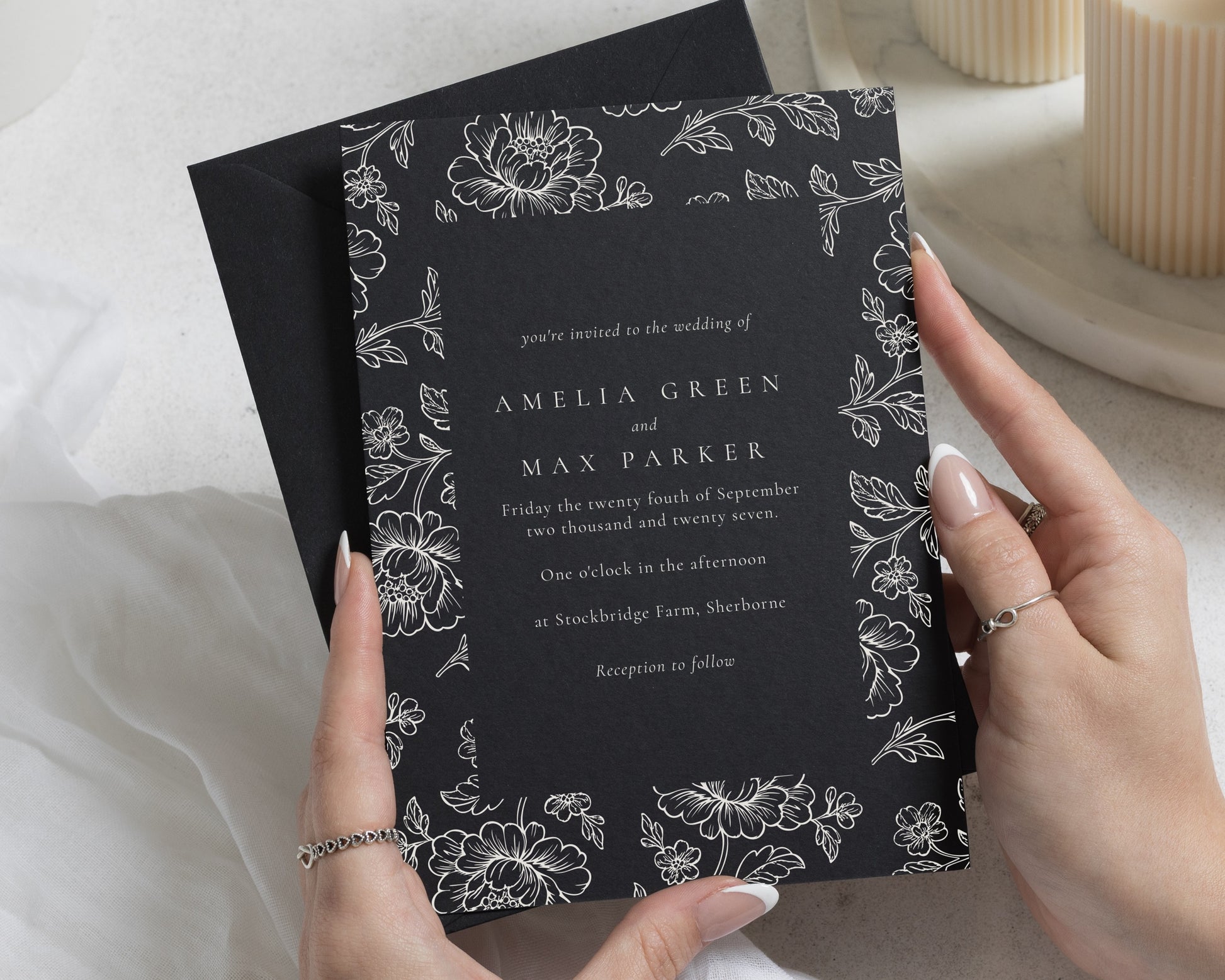 Black Floral Wedding Invitations, Monochrome Wedding Invites, Elegant Botanical Wedding Stationery, Personalised Wedding Invites