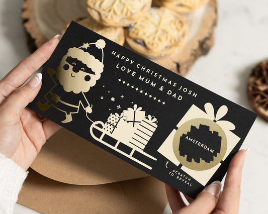 Personalised Christmas Gift Voucher, Scratch To Reveal Holiday, Santa Gift Card, Custom Travel Surprise, Gold Foil, For Kids