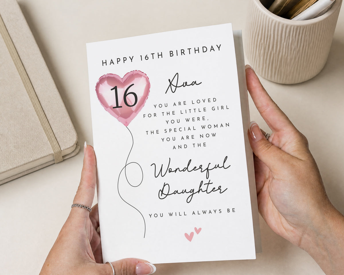 16th Birthday Card for Daughter, Personalised Daughter Birthday Card, 16th Birthday Cards for Girls, Pink Heart Balloon Poem Card
