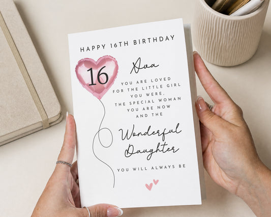 16th Birthday Card for Daughter, Personalised Daughter Birthday Card, 16th Birthday Cards for Girls, Pink Heart Balloon Poem Card