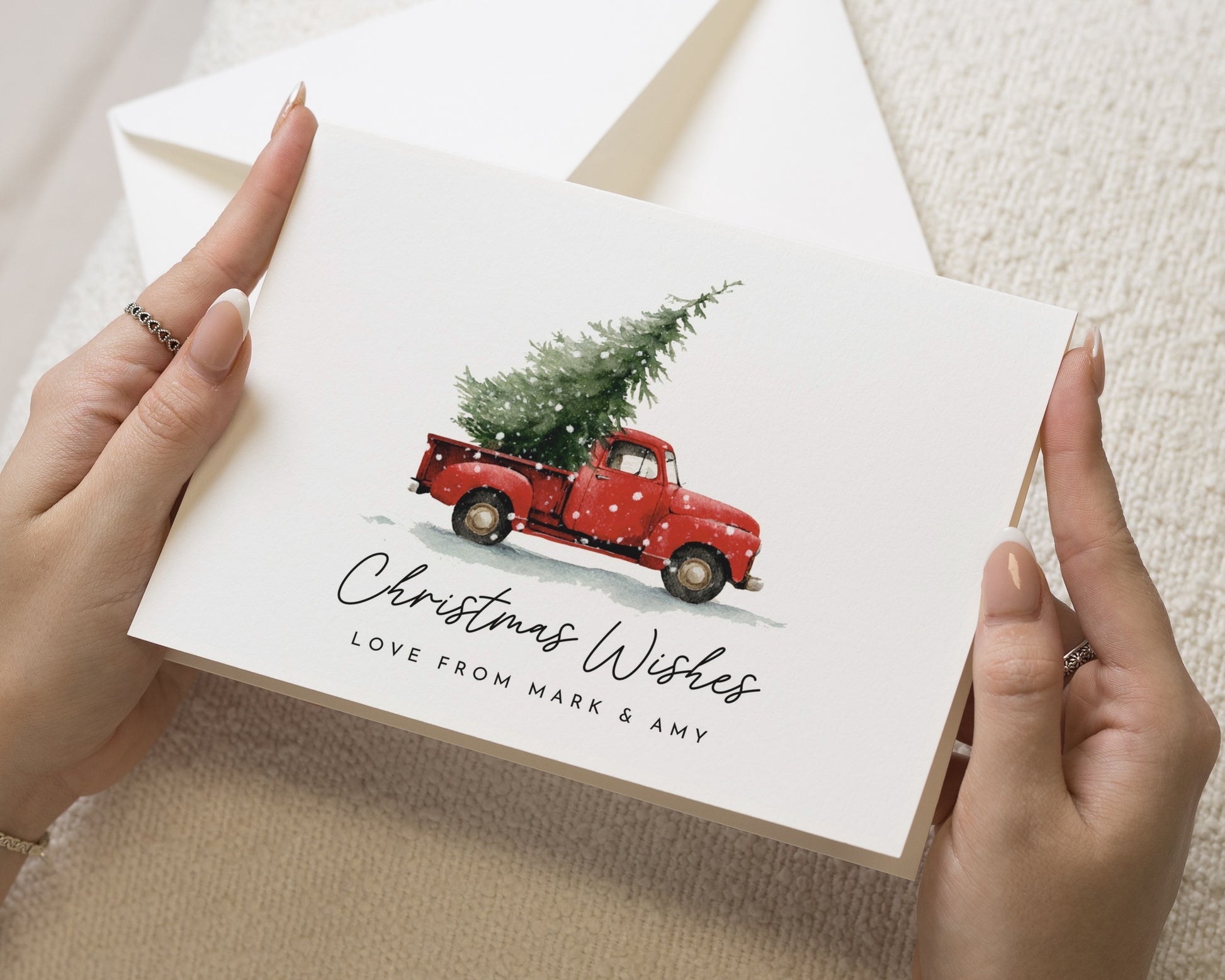 Personalised Christmas Cards, Pack of Christmas Cards, Red Truck Christmas Card, Pack of 10, 20, 50 or 100, Folded Christmas Cards