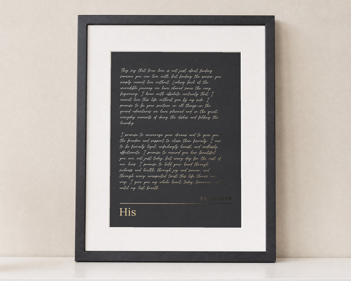 Personalised Gold Foil Wedding Vows Print, Black Wall Art, Anniversary Gift for Couple, Romantic Bedroom Framed Print