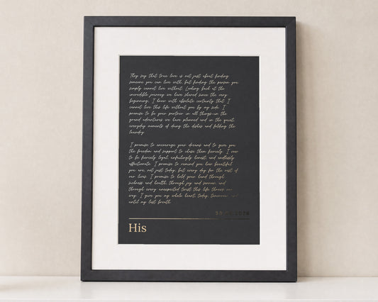 Personalised Gold Foil Wedding Vows Print, Black Wall Art, Anniversary Gift for Couple, Romantic Bedroom Framed Print