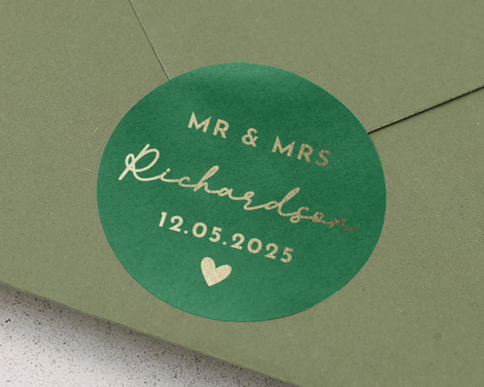 Personalised Wedding Sticker, Custom Name Wedding Label, Mr And Mrs Sticker, Green Gold Foil Envelope Seal, Wedding Envelope Sticker