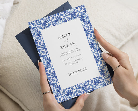 Blue Tile Wedding Invitations, Mediterranean Destination Wedding Invites, Italian Tuscany Wedding Stationery, Personalised Invitation Suite