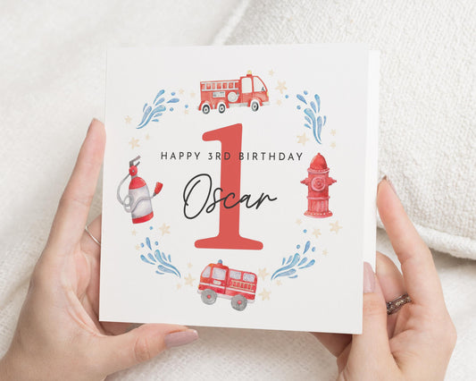 3rd Birthday Card for Boy, Personalised Fire Engine Birthday Card, Birthday Card for Son, Third Birthday Card, Fire Truck Card