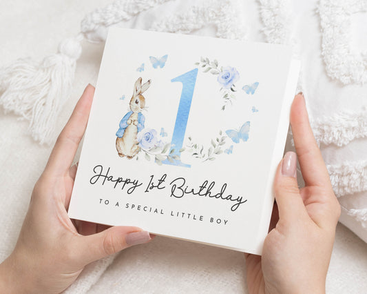 1st Birthday Card for Boy, Happy 1st Birthday Card, Personalised Bunny Birthday Card, First Birthday Card for Son, Blue Birthday Card