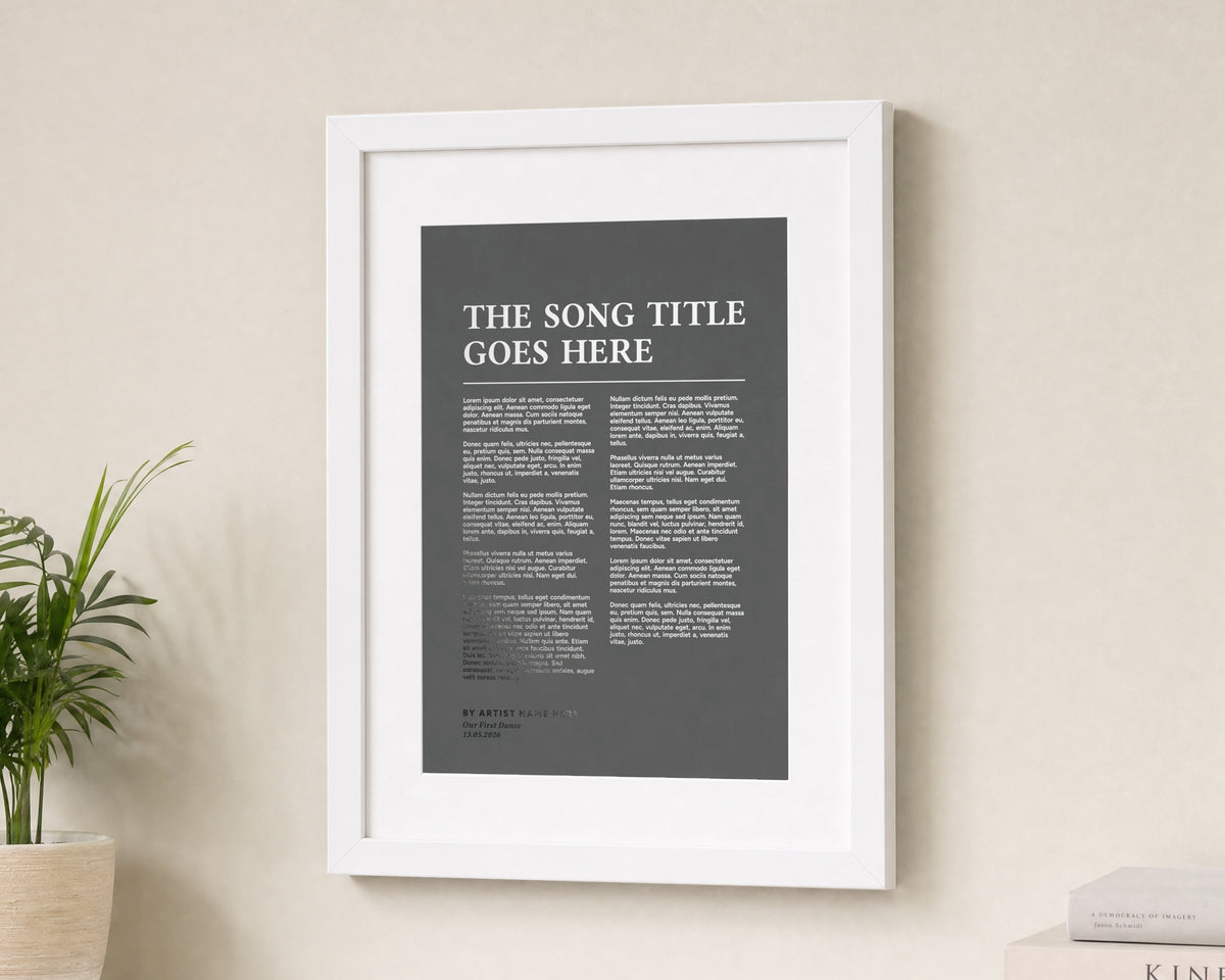 Personalised Song Lyrics Print, Charcoal Grey Wall Art, First Dance Wedding Gift, Anniversary Gift, White Framed Print, Gift for Couple