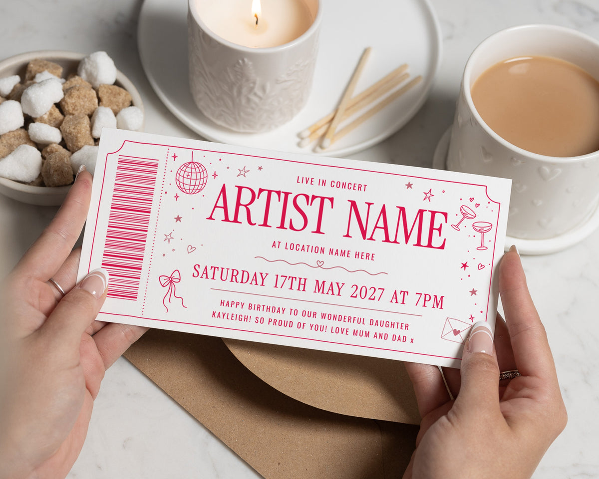 Personalised Concert Ticket Gift Voucher, Birthday Gift Voucher for Daughter, Music Gig Tickets, Custom Concert Reveal Gift