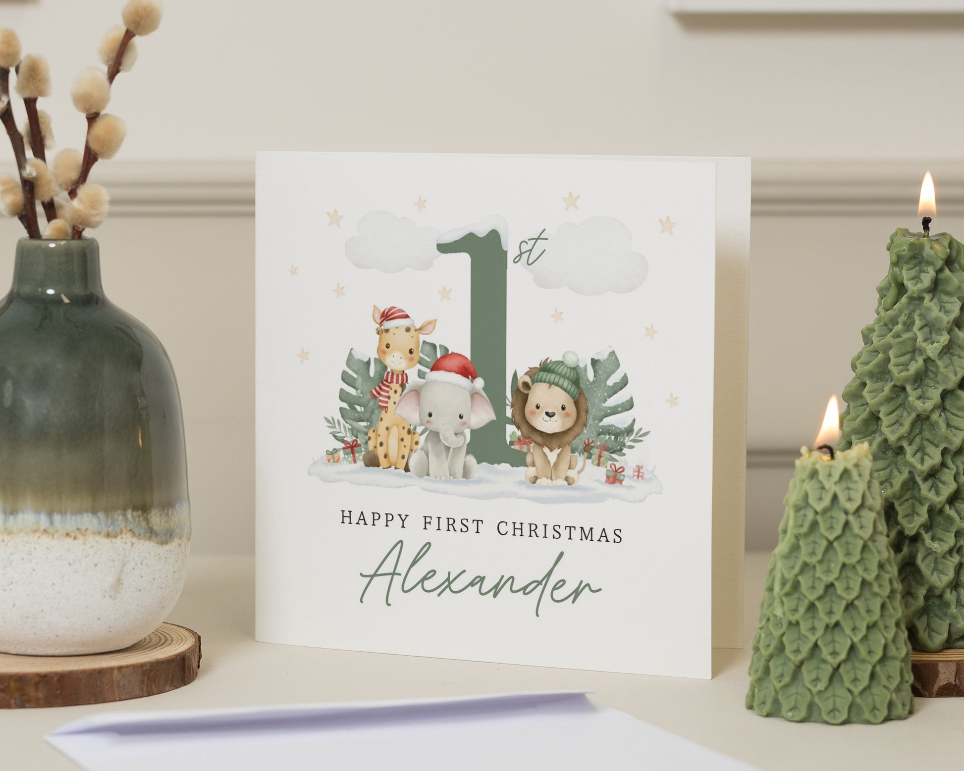 1st Christmas Card, First Christmas Card for Boy, Personalised Baby Christmas Card, Safari Animal Christmas Card, First Christmas Card