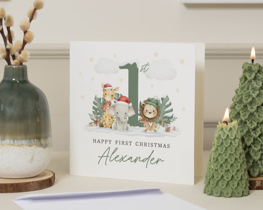 1st Christmas Card, First Christmas Card for Boy, Personalised Baby Christmas Card, Safari Animal Christmas Card, First Christmas Card