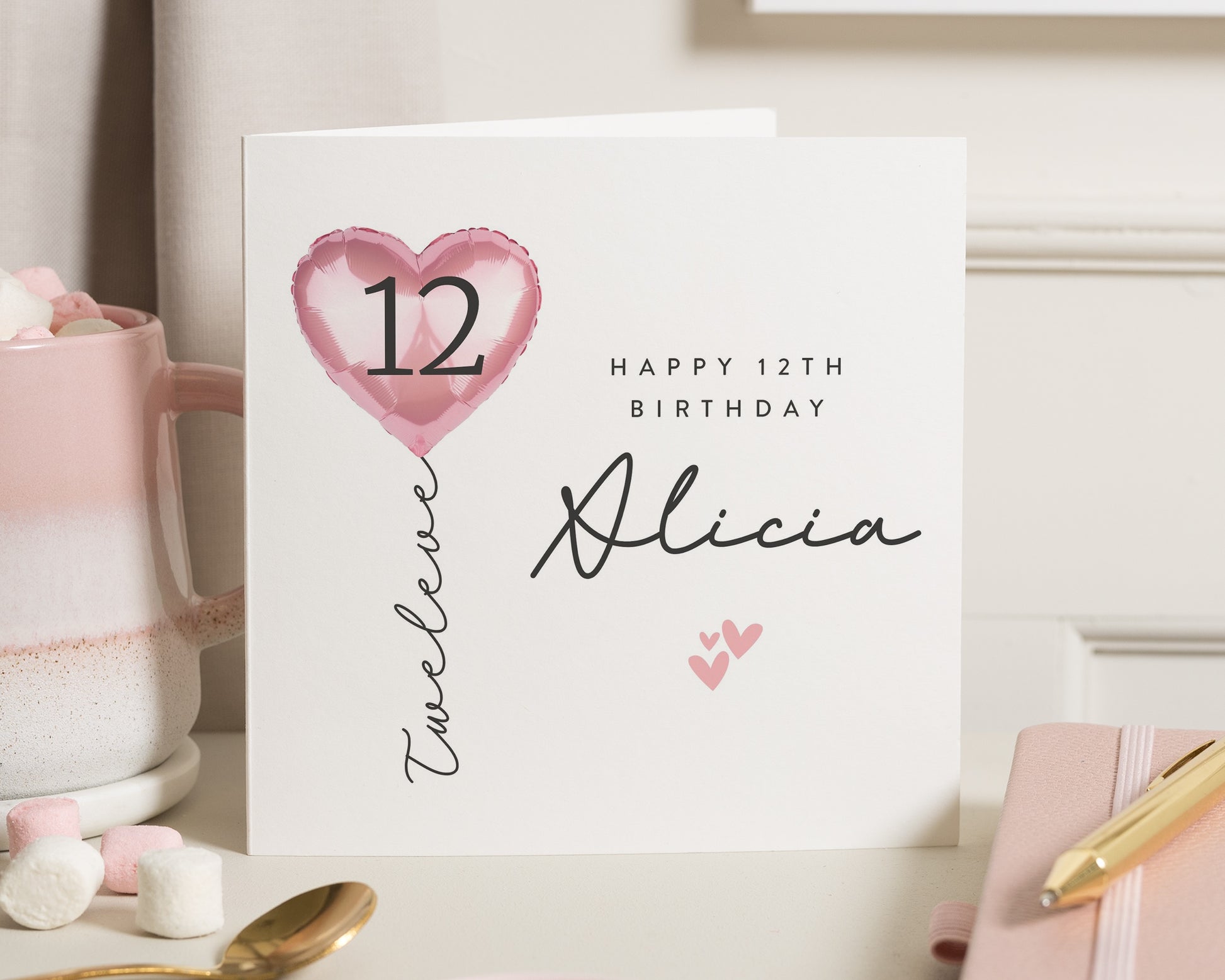 12th Birthday Card for Girl, Personalised Birthday Card for Daughter, 12th Birthday Card, Balloon Birthday Card, Custom Name Card