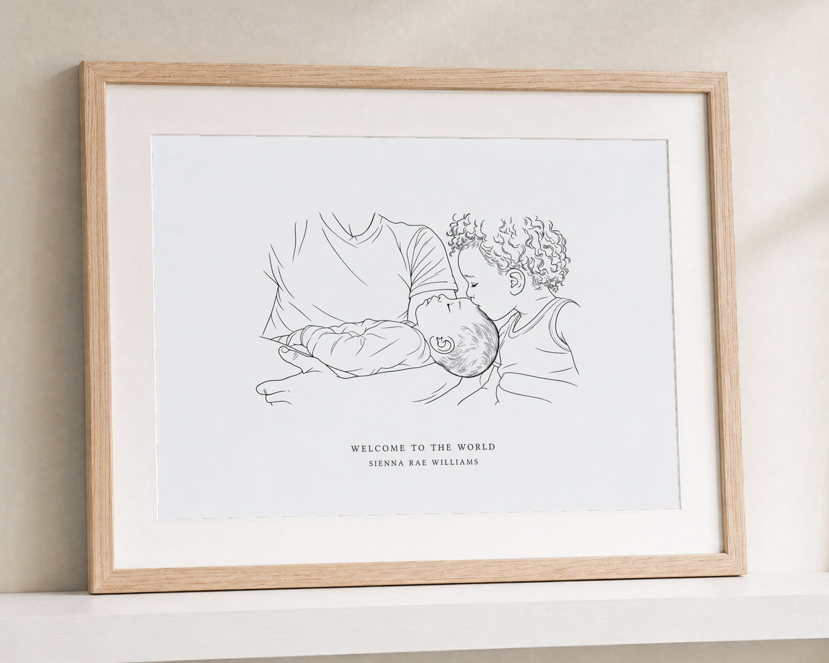 Personalised New Baby Line Art Print from Your Photo, Custom Family Portrait, Baby Name Print, Nursery Wall Art, Christening Gift
