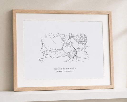 Personalised New Baby Line Art Print from Your Photo, Custom Family Portrait, Baby Name Print, Nursery Wall Art, Christening Gift