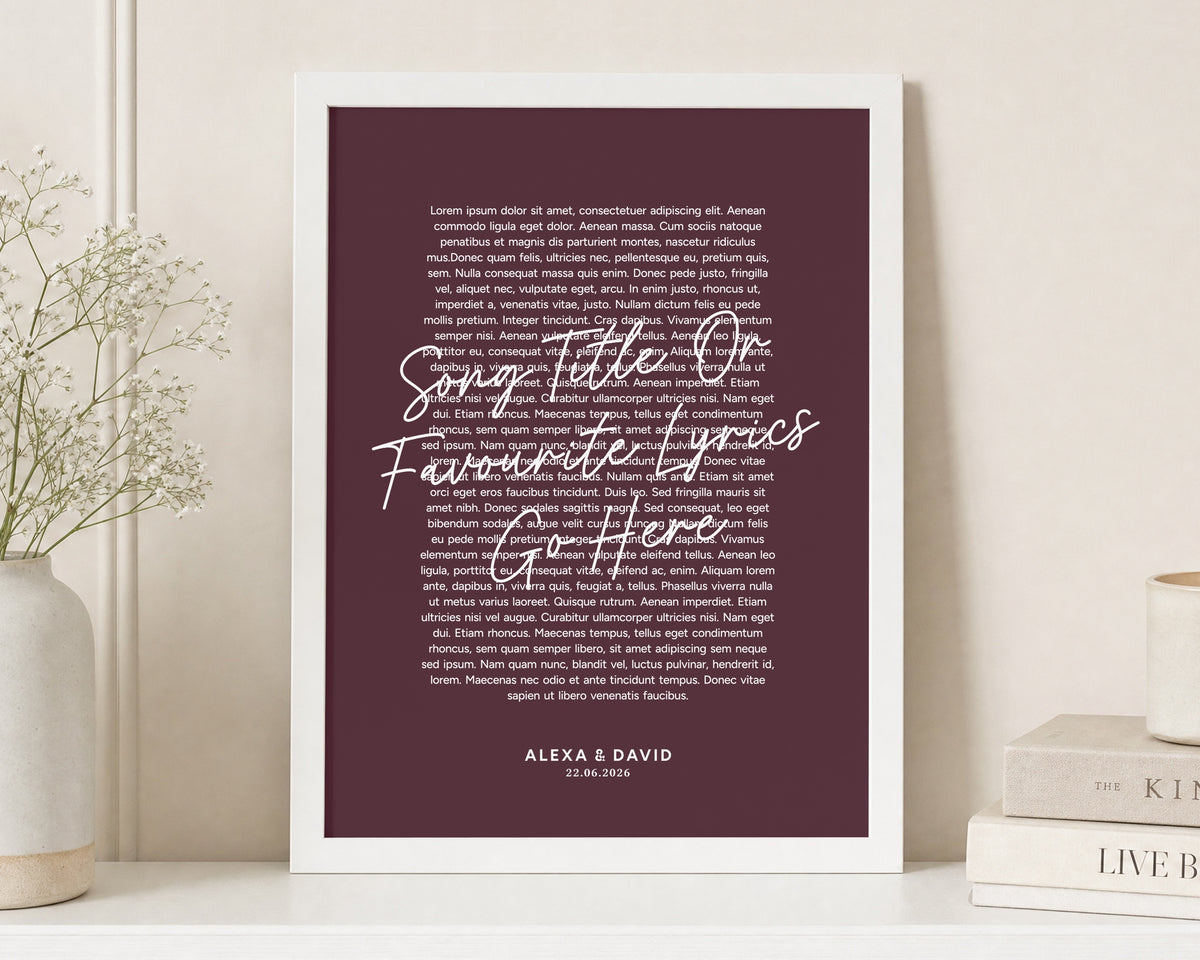 Personalised Song Lyrics Print, Burgundy Wall Art, Wedding Gift for Couple, Anniversary Gift, First Dance Portrait Print, White Frame