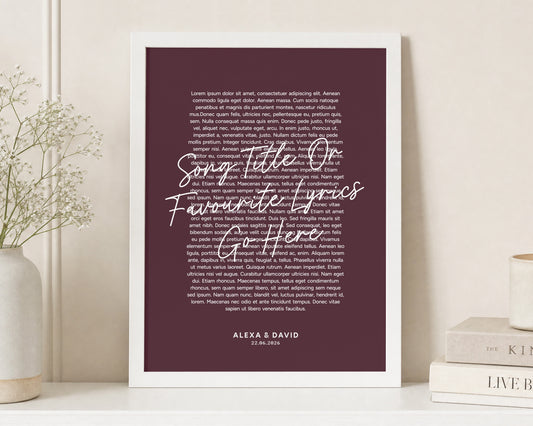 Personalised Song Lyrics Print, Burgundy Wall Art, Wedding Gift for Couple, Anniversary Gift, First Dance Portrait Print, White Frame