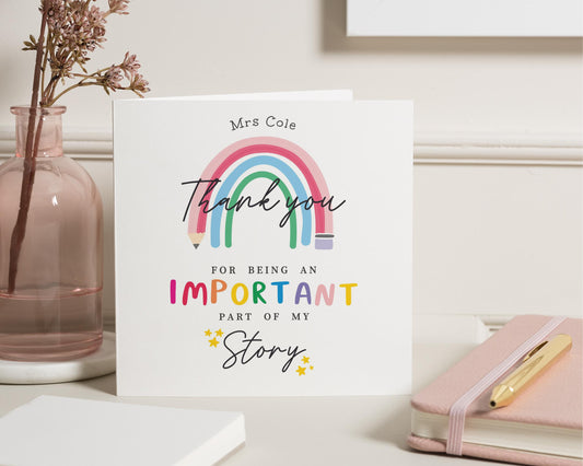 Thank You Teacher Card, Personalised Teacher Thank You Card, Rainbow Thank You Card, End Of Term Card, Thank You Card For Her