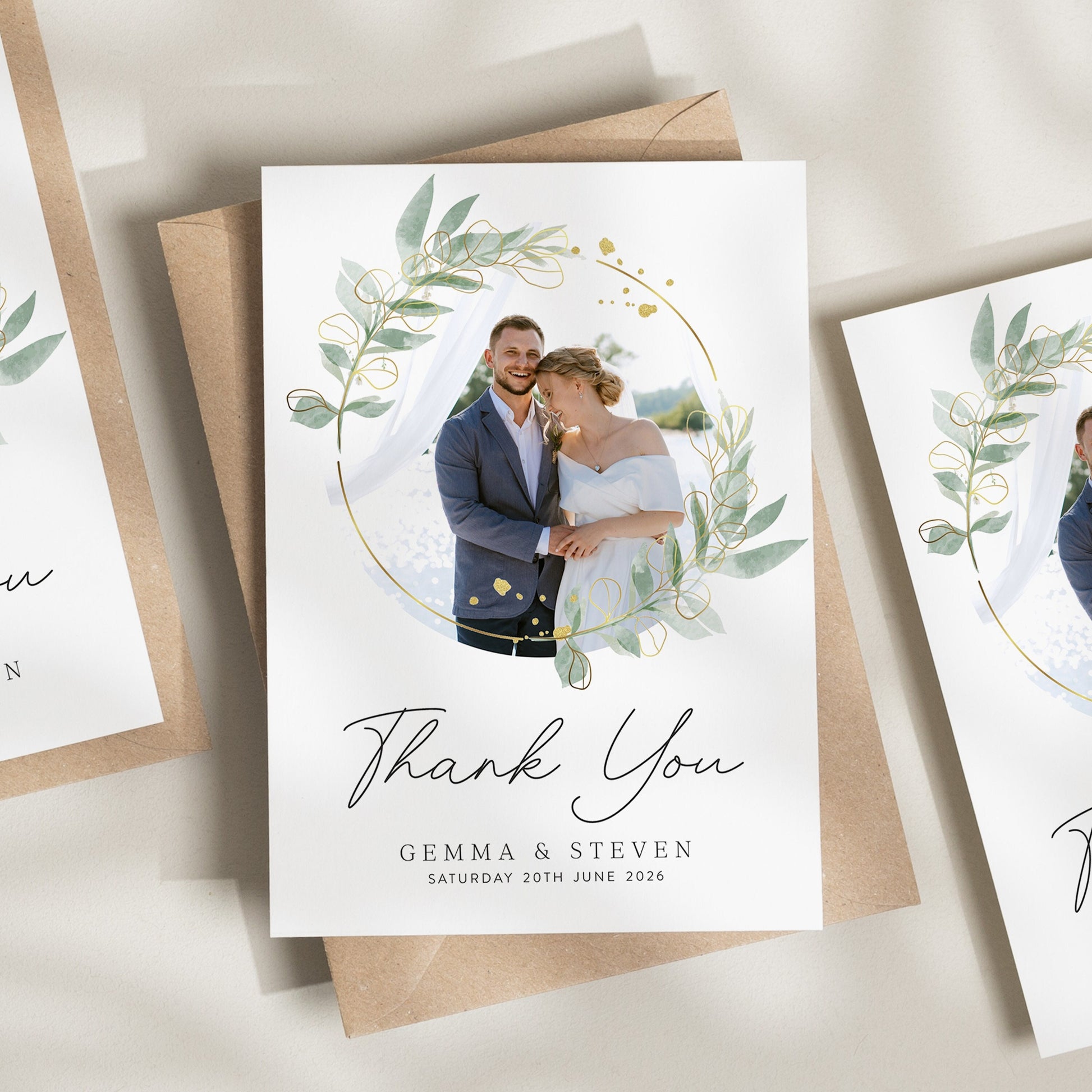 Floral Wedding Thank You Card, Thank You Cards With Photo, Folded Wedding Thank You, Greenery Thank You Card, Simple Wedding Card With Photo