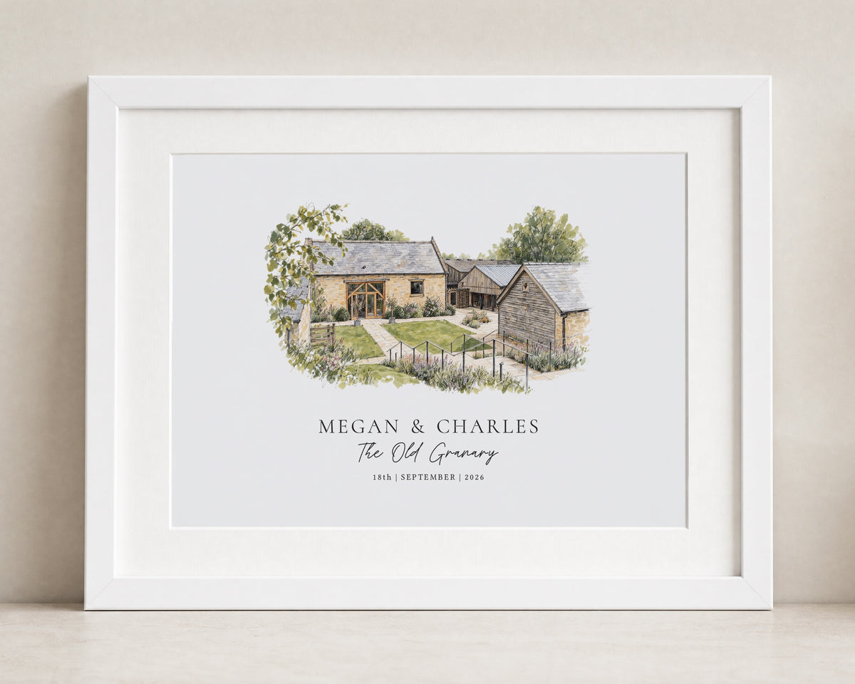 Personalised Wedding Venue Print, Couple Wall Art, Venue Illustration, Wedding Gift, Anniversary Gift, Landscape Framed Print With Mount