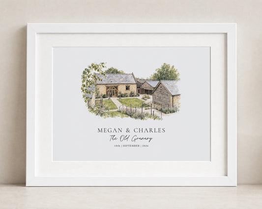Personalised Wedding Venue Print, Couple Wall Art, Venue Illustration, Wedding Gift, Anniversary Gift, Landscape Framed Print With Mount