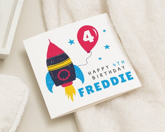 4th Birthday Card for Boy, Personalised Rocket Birthday Card, Space Birthday Card, Birthday Card for Son, Kids Birthday Card