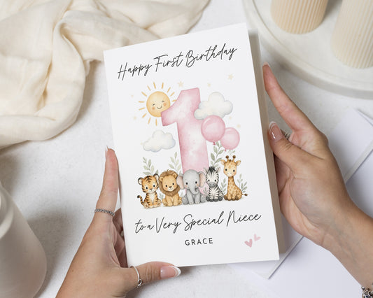 First Birthday Card for Niece, Niece 1st Birthday Card, Personalised Birthday Card for Girl, Safari Birthday Card, Jungle Animal Card