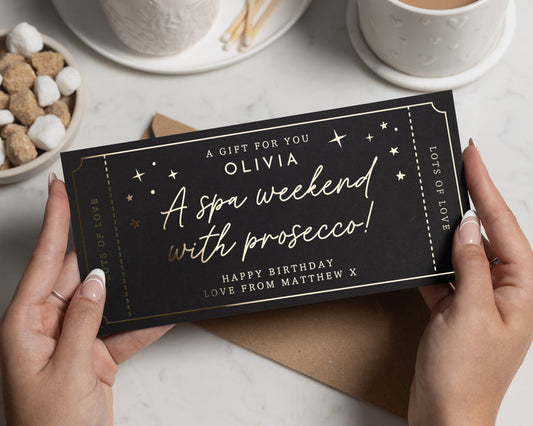 Personalised Spa Day Gift Voucher, Birthday Gift For Her, Spa Weekend With Prosecco, Gold Foil Gift Card
