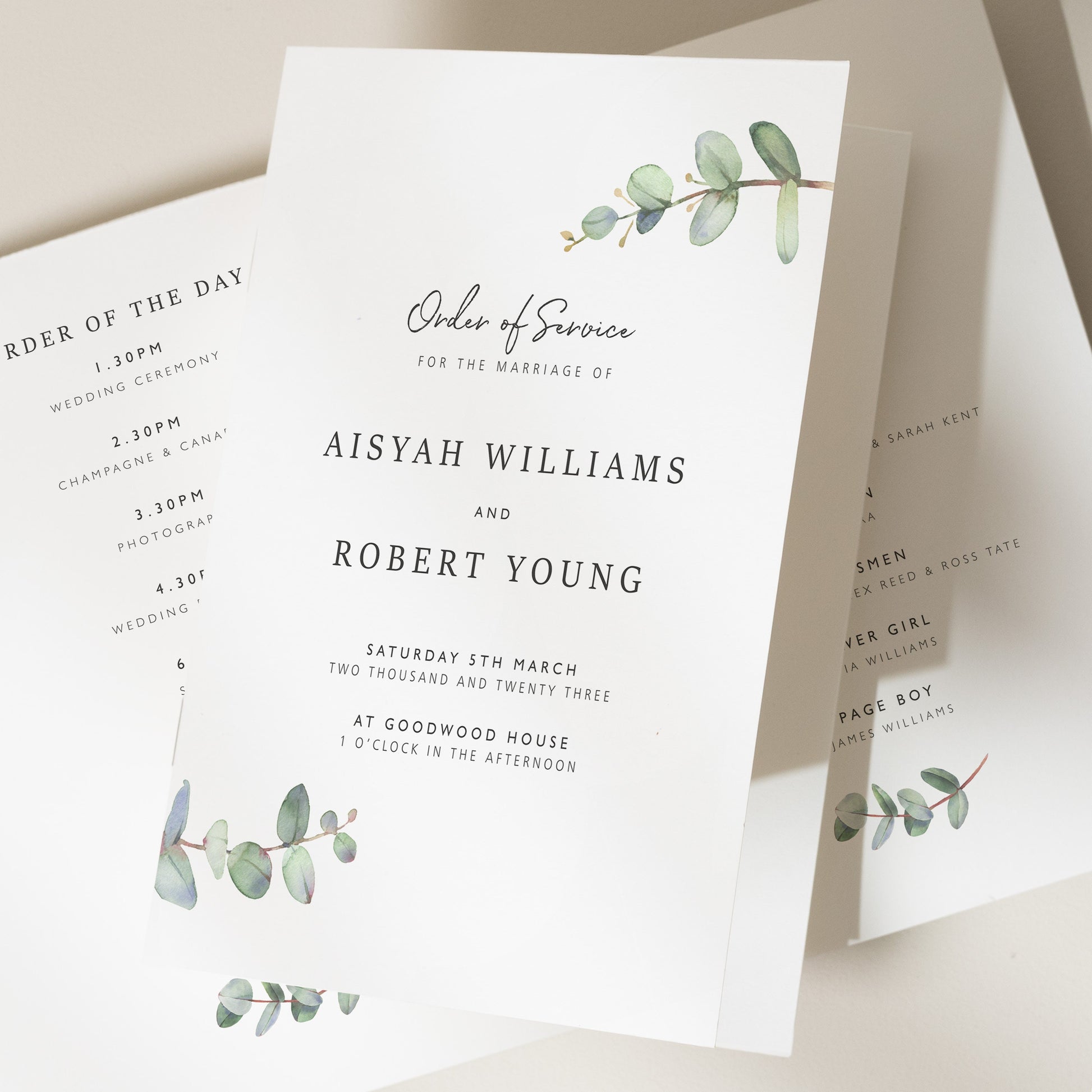 Greenery Order Of Service, Wedding Booklet, Church or Civil Ceremony, Textured Card Cover, Wedding Ceremony, Floral Wedding Program &#39;Aisyah&#39;