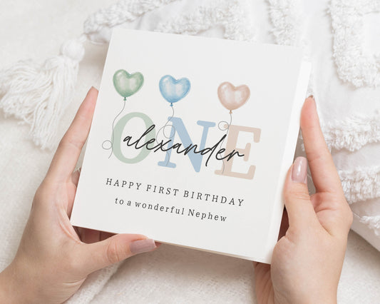 1st Birthday Card for Nephew, Personalised Birthday Card, First Birthday Card for Boys, Custom Name Birthday Card, Heart Balloon Card