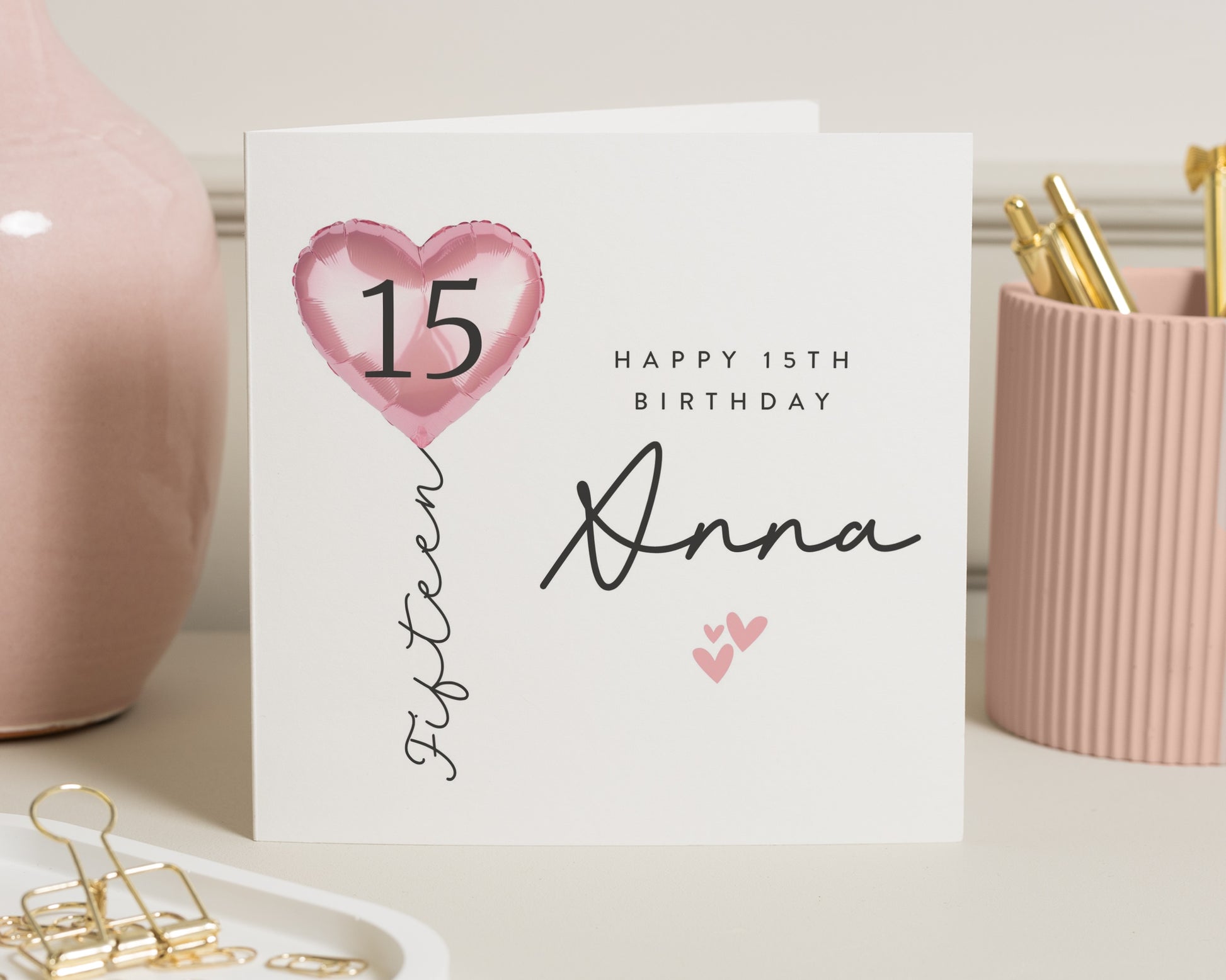 15th Birthday Card for Girl, Personalised Fifteen Birthday Card, Birthday Card for Daughter, Custom Name Birthday Card, Pink Heart Balloon