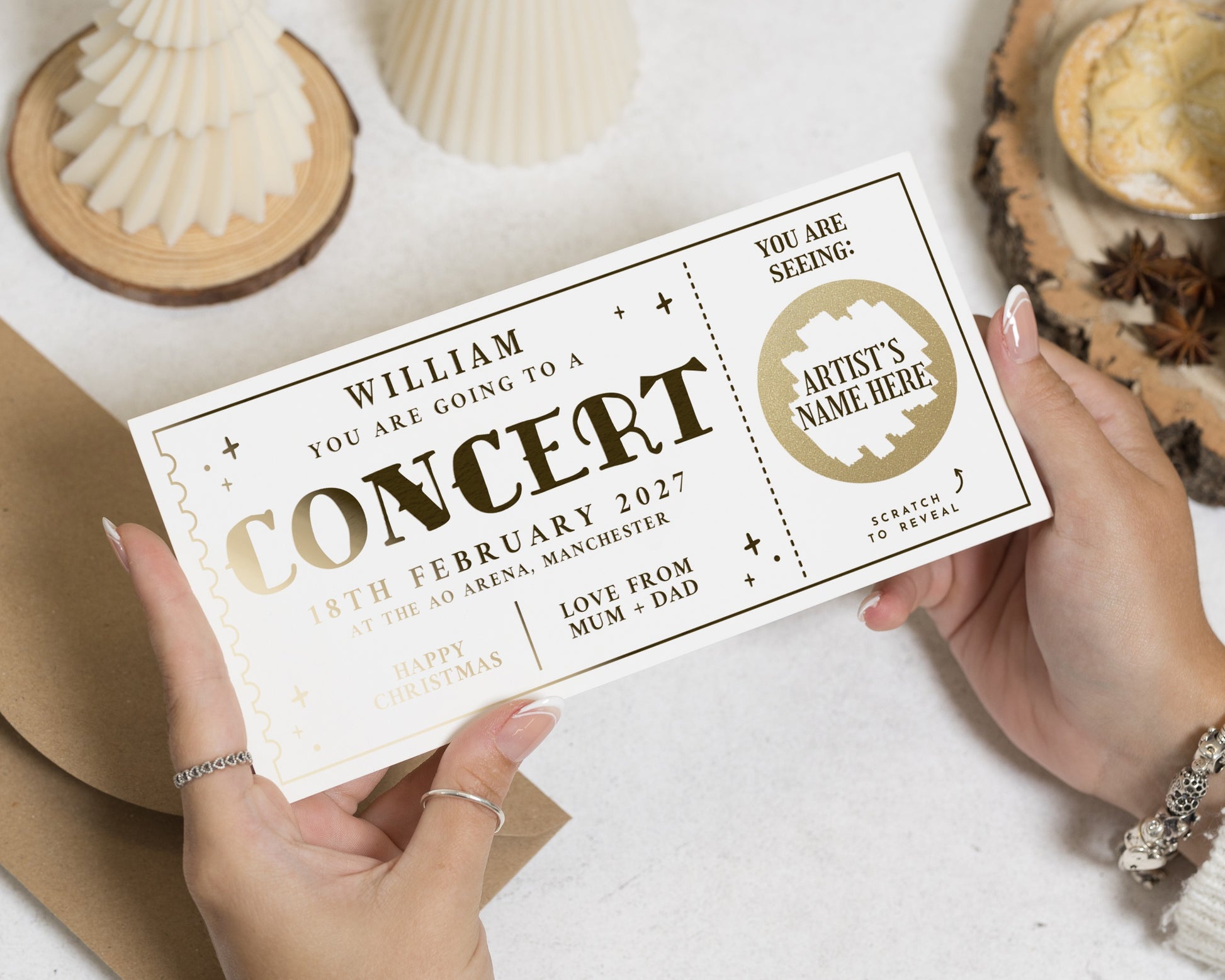 Personalised Concert Ticket Gift, Scratch To Reveal Concert Voucher, Custom Gold Foil Gift For Him Or Her