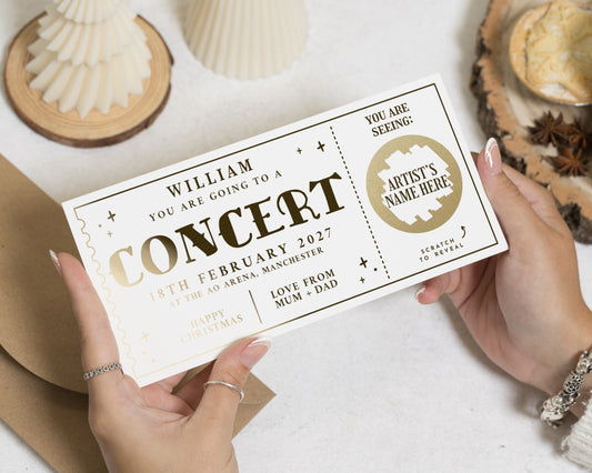 Personalised Concert Ticket Gift, Scratch To Reveal Concert Voucher, Custom Gold Foil Gift For Him Or Her