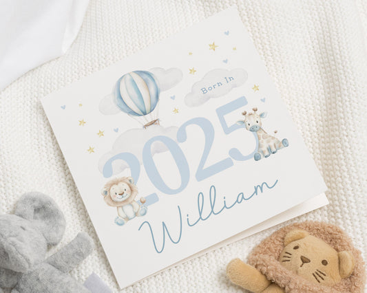 New Baby Card, Personalised Born In 2025 Card, Baby Boy Card, Baby Animal Card, New Baby Gift, Baby Shower Card, Safari Theme Card