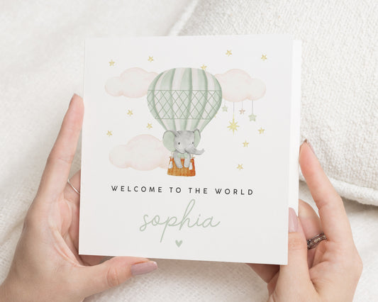 Welcome To The World Card, New Baby Card, Personalised Baby Card, Baby Girl Card, Baby Boy Card, Elephant Card, Cute Baby Card