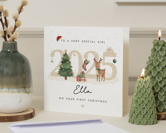 First Christmas Card for Girl, Personalised Baby Girl Christmas Card, 2025 Christmas Card, Reindeer Christmas Card, New Baby Christmas Card