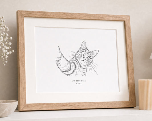 Personalised Cat or Pet Print from Your Photo, Custom Pet Name Wall Art, Line Art Portrait, Cat Lover Gift, Framed Print With Mount
